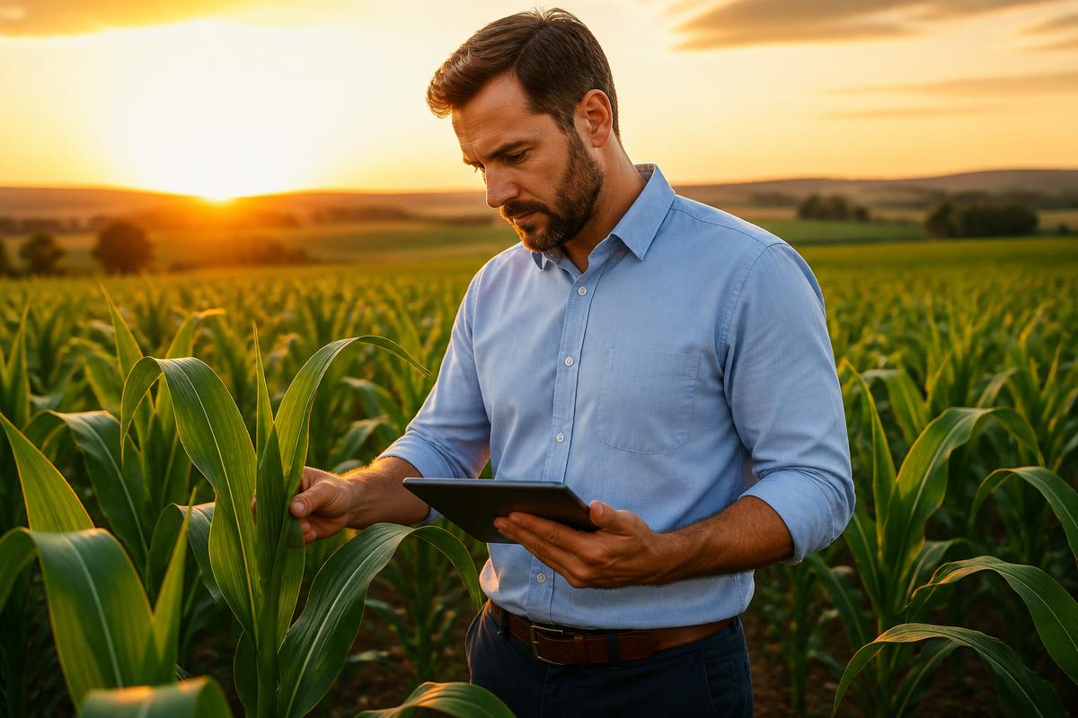 Agrônomo examinando plantas de milho
